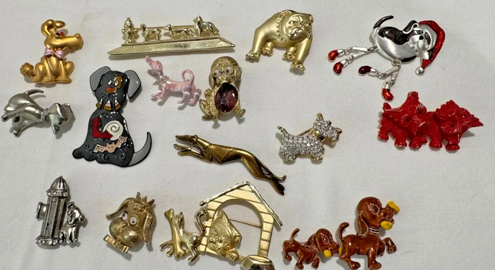 16 Vintage All DOG Brooch Pin Lot Some Signed Celluloid Moveable Enamel AJC ++